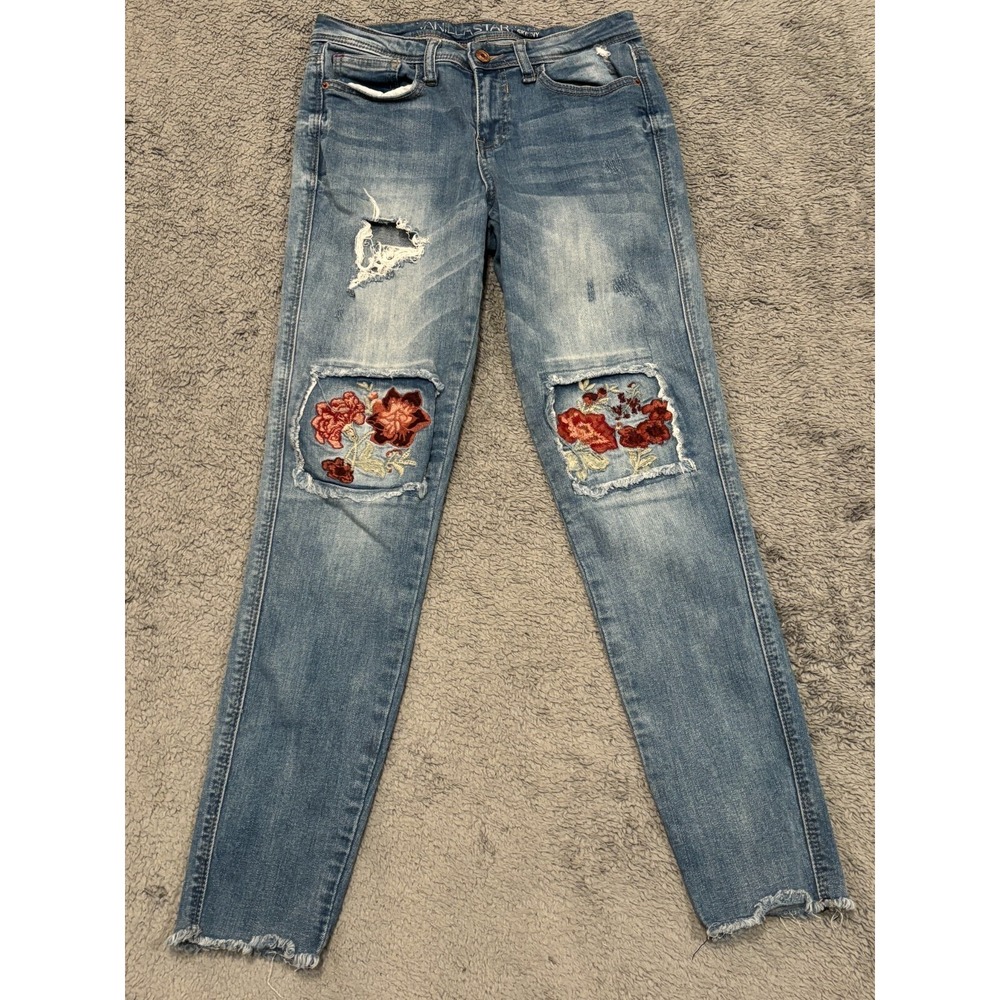Vanilla Star Womens 7 Mid Rise Skinny Jeans Floral Distressed V21361-1